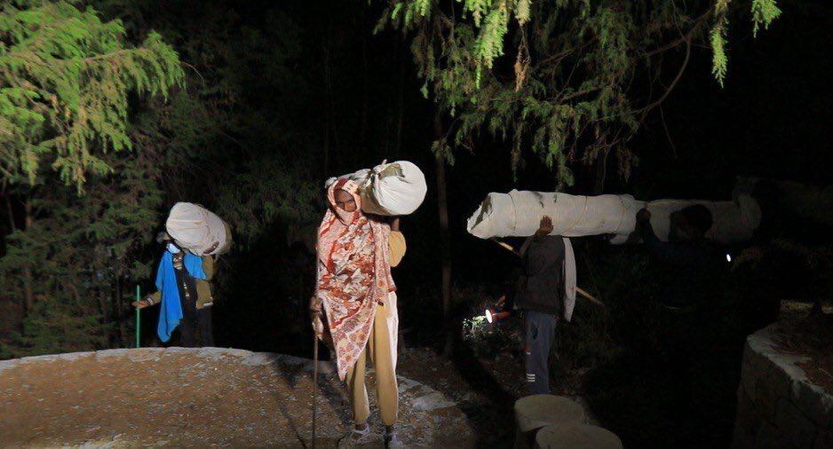 Traditional Ethiopian beekeepers carrying log hives