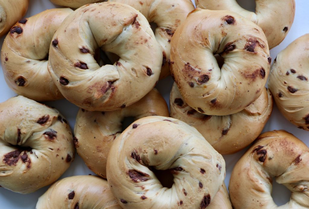 Delicious homemade chocolate chip bagels ready to be savored