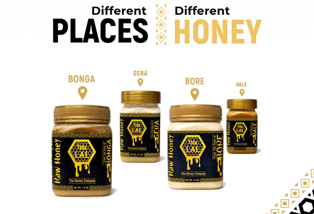 Four bottles of Ethiopian honey showcasing regional varieties.