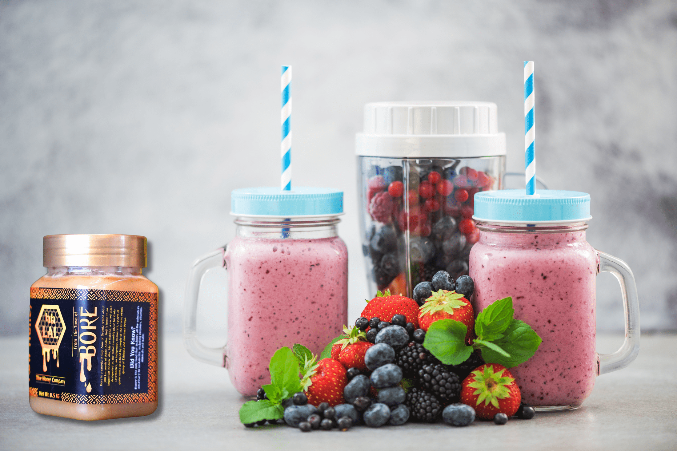Berry smoothie sweetened with bore raw honey as a natural sweetener.