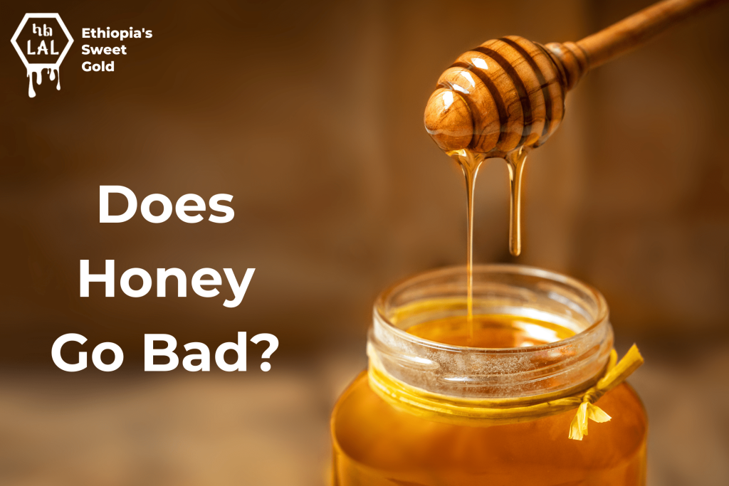 Close-up image of honey with overlaid text 'Does Honey Go Bad?'