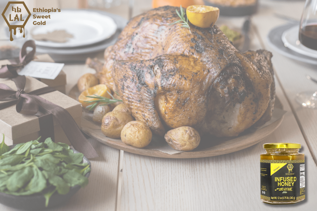 Roasted turkey glazed with thyme infused honey, elegantly presented on a festive table setting