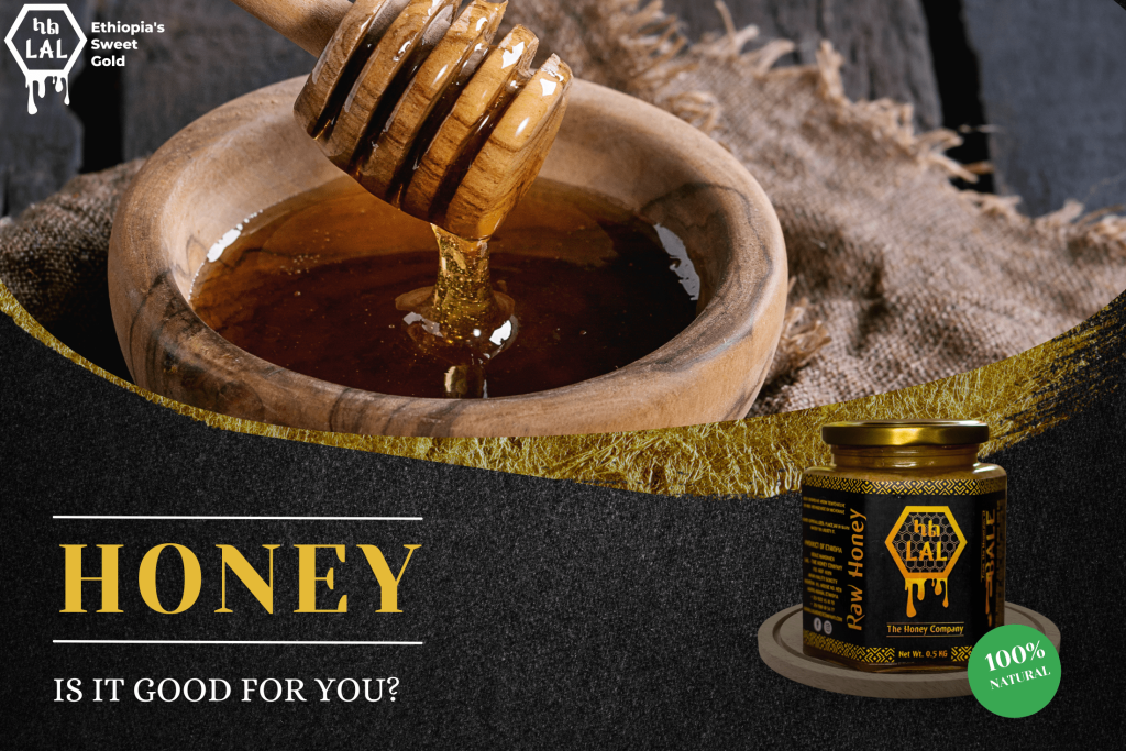 A jar of golden honey with a spoon, accompanied by text 'Honey: Is It Good for You?' highlighting its health benefits