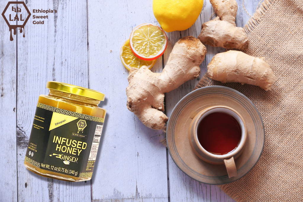 A warm cup of ginger honey tea beside a jar of ginger infused honey, showcasing natural health benefits.